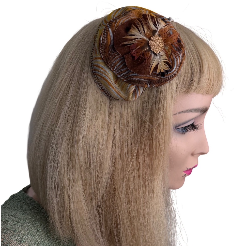 Bella‎ Capelli Headband Fascinator Feather Gold Filigree Earth Tone Vintage OS